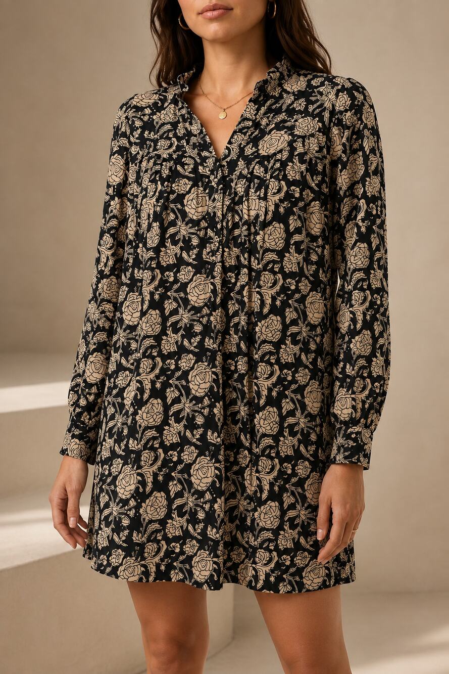 NEW Sundays We Are Sundays Tunic Dress Womens M Black Beige Floral Long Sleeve